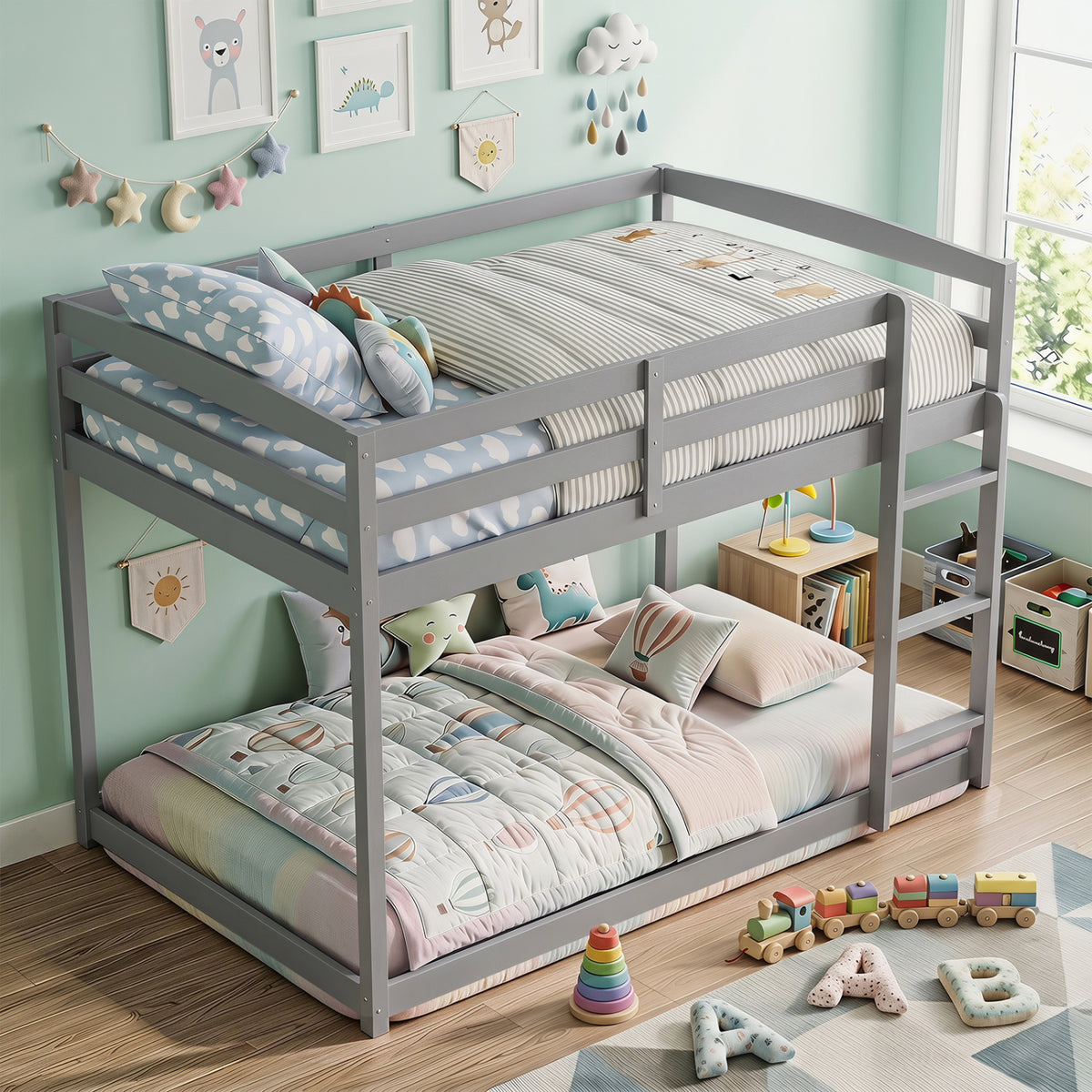 Full Over Full Bunk Bed with Integrated Ladder and Safety Guardrails Solid Wood