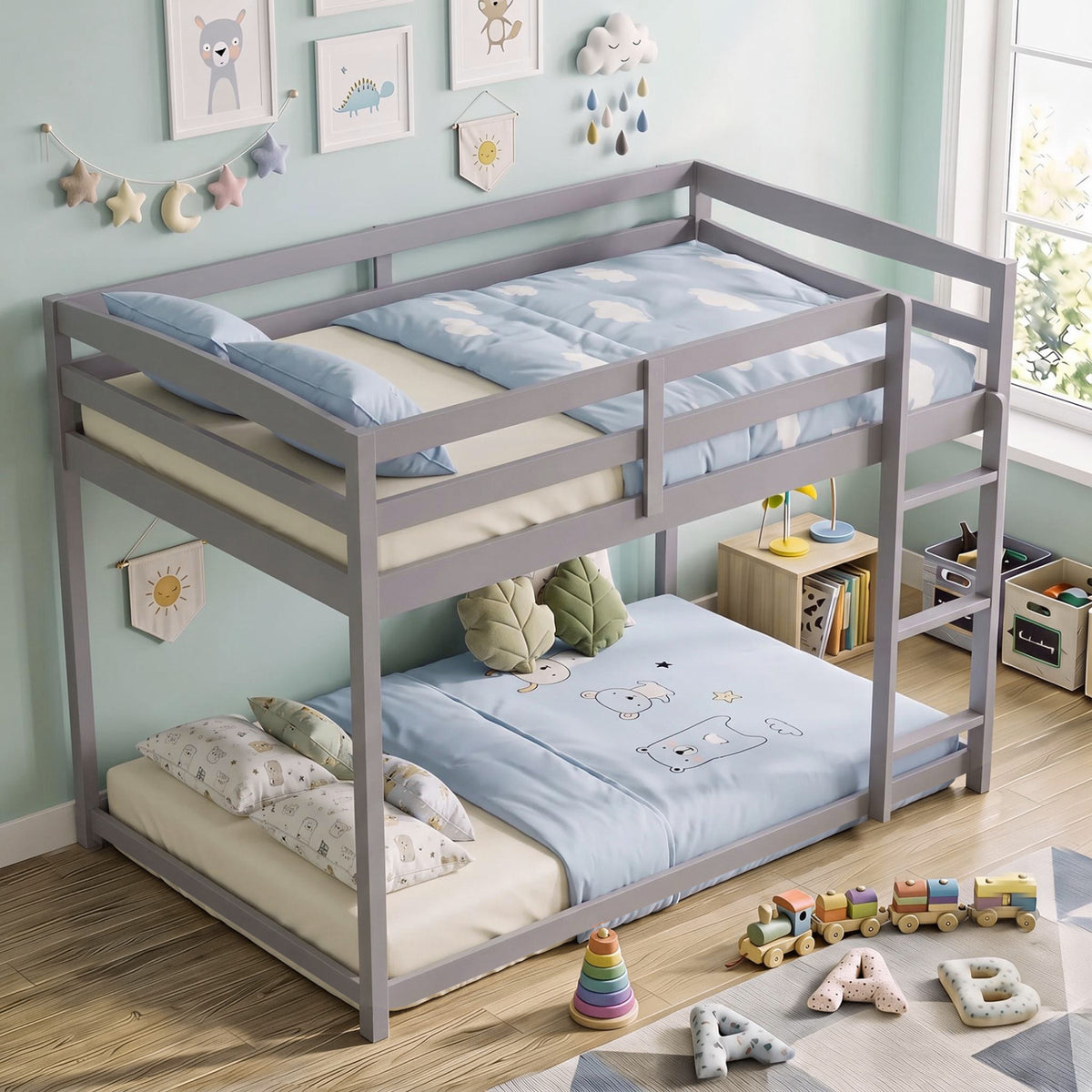 Full Over Full Bunk Bed with Integrated Ladder and Safety Guardrails Solid Wood