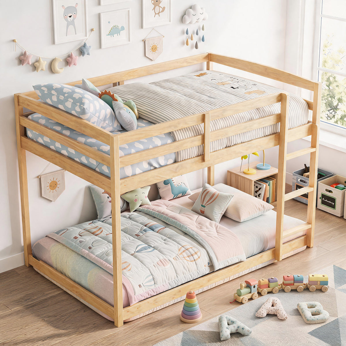 Full Over Full Bunk Bed with Integrated Ladder and Safety Guardrails Solid Wood