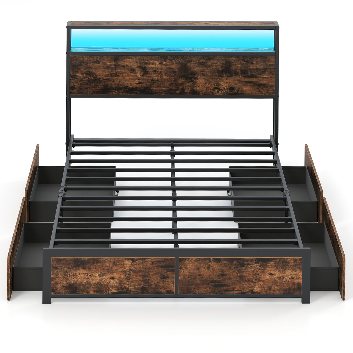 Full/Queen Size LED Bed Frame with Charging Station and 4 Storage Drawers