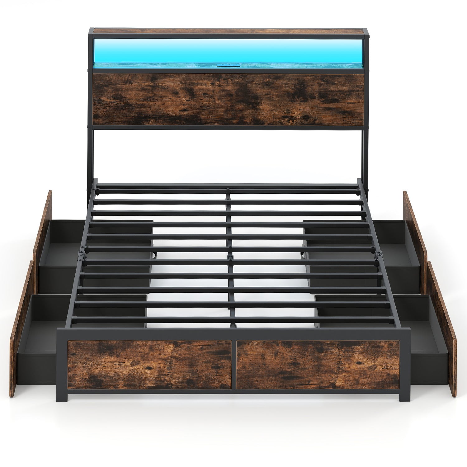 Full/Queen Size LED Bed Frame with Charging Station and 4 Storage Drawers