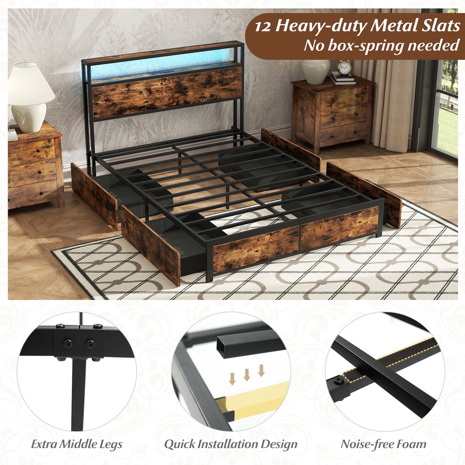 Full/Queen Size LED Bed Frame with Charging Station and 4 Storage Drawers