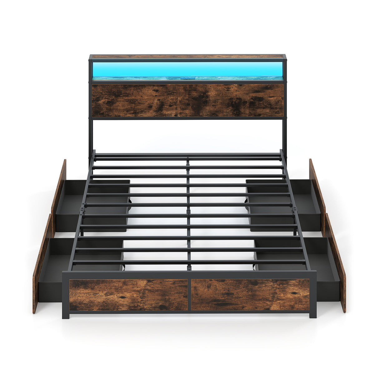 Full/Queen Size LED Bed Frame with Charging Station and 4 Storage Drawers
