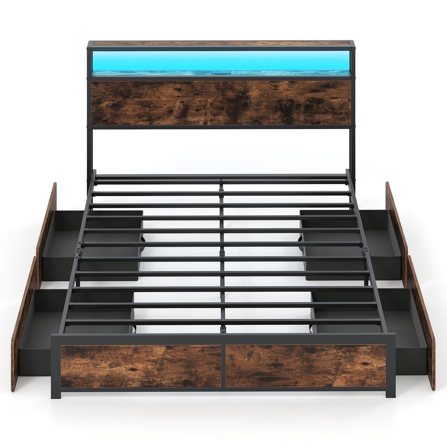 Full/Queen Size LED Bed Frame with Charging Station and 4 Storage Drawers