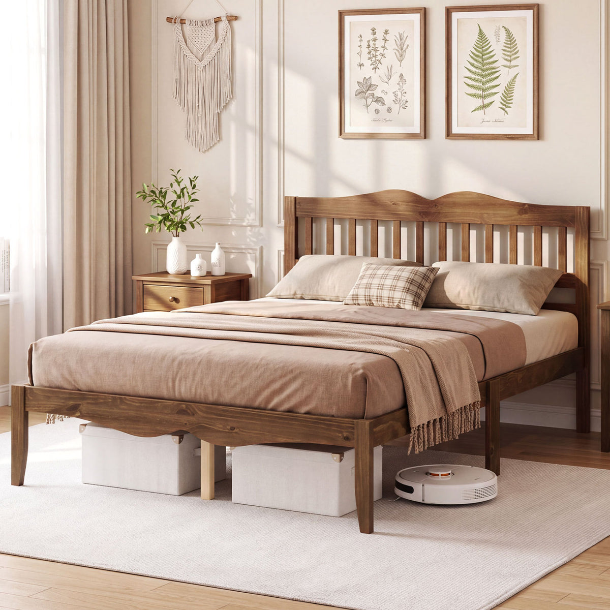 Full/Queen Size Modern Farmhouse Style Bed Frame with Solid Wood Frame White Walnut