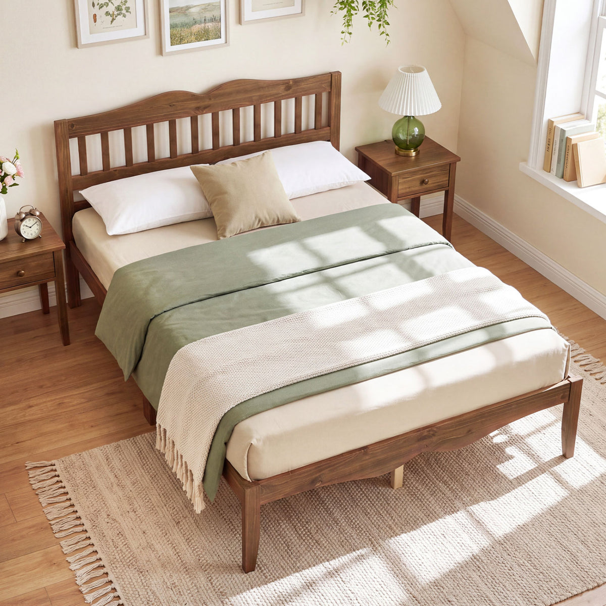 Full/Queen Size Modern Farmhouse Style Bed Frame with Solid Wood Frame White Walnut