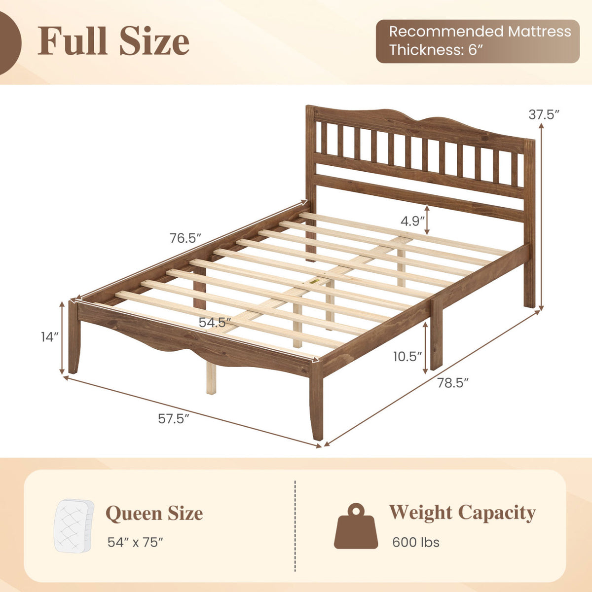 Full/Queen Size Modern Farmhouse Style Bed Frame with Solid Wood Frame White Walnut