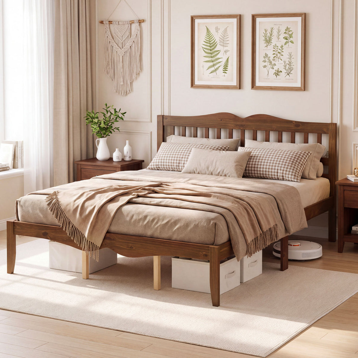 Full/Queen Size Modern Farmhouse Style Bed Frame with Solid Wood Frame White Walnut
