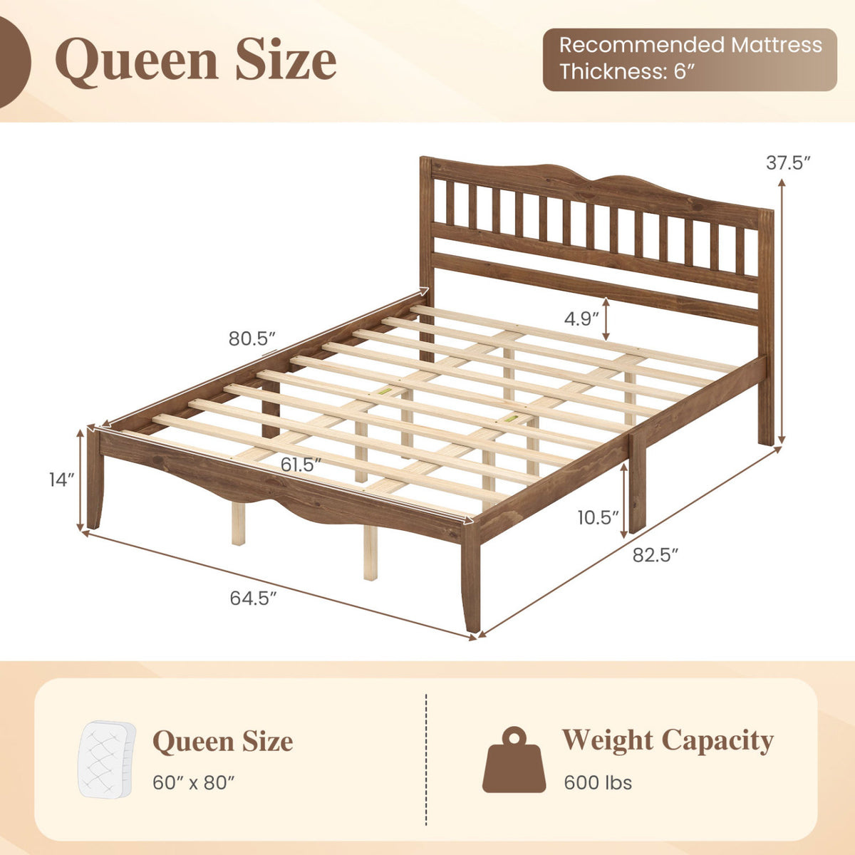 Full/Queen Size Modern Farmhouse Style Bed Frame with Solid Wood Frame White Walnut