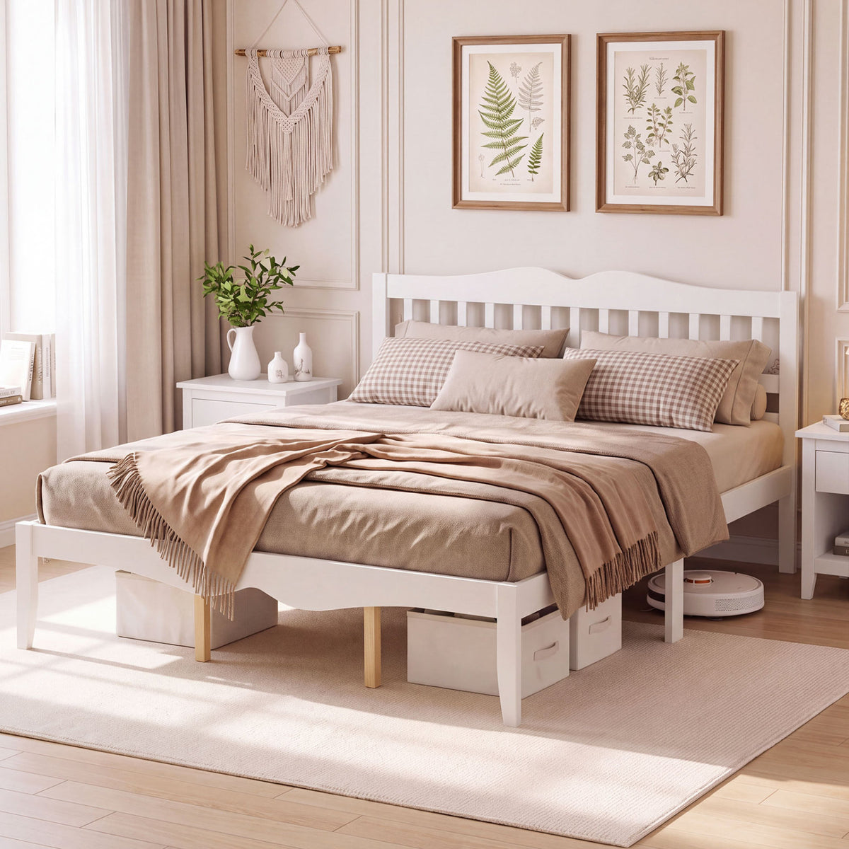 Full/Queen Size Modern Farmhouse Style Bed Frame with Solid Wood Frame