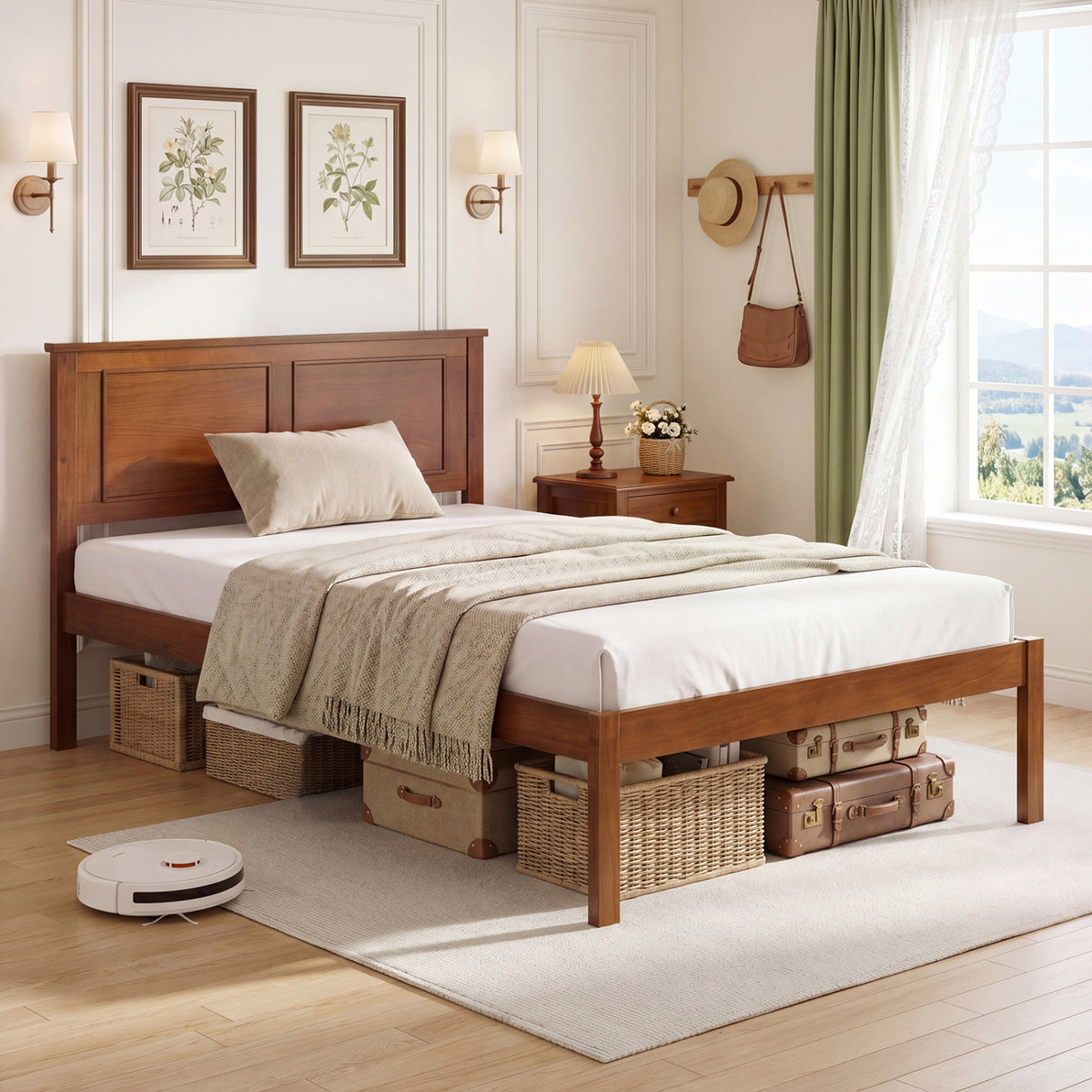 Full/Queen/Twin Size Bed Frame Farmhouse Wooden Platform Bed with Headboard