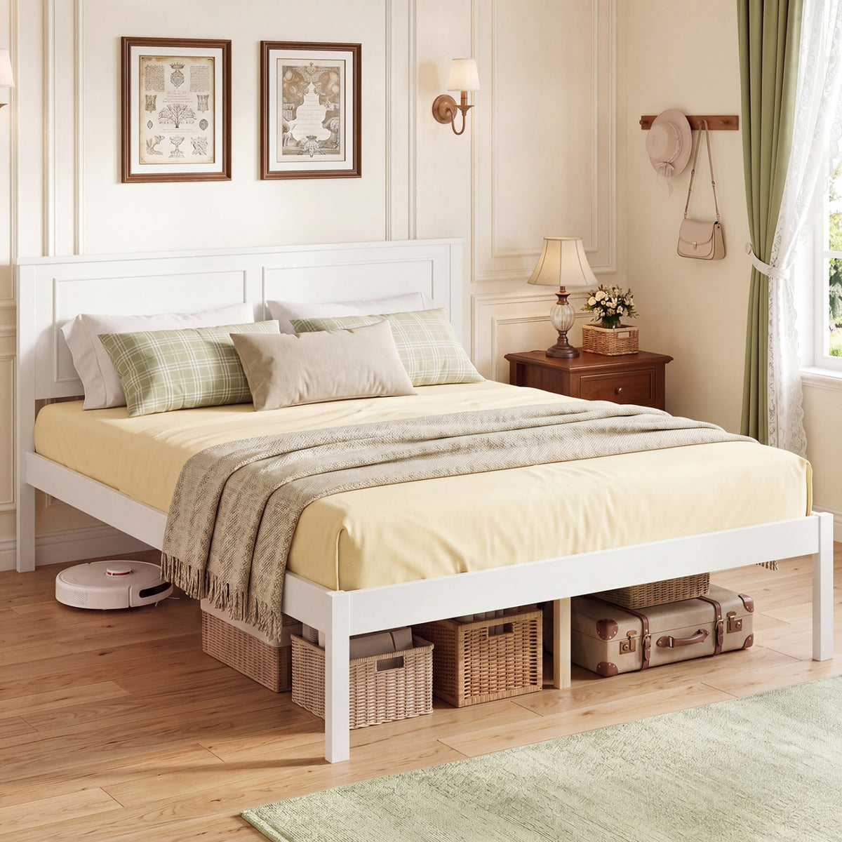 Full/Queen/Twin Size Bed Frame Farmhouse Wooden Platform Bed with Headboard White