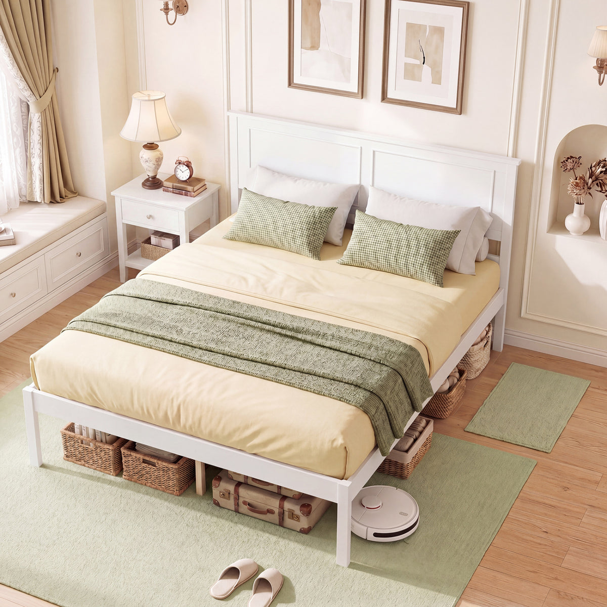 Full/Queen/Twin Size Bed Frame Farmhouse Wooden Platform Bed with Headboard White