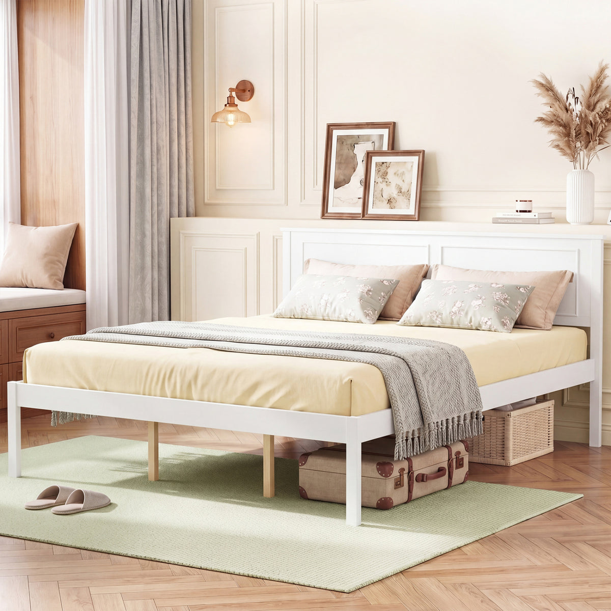 Full/Queen/Twin Size Bed Frame Farmhouse Wooden Platform Bed with Headboard White