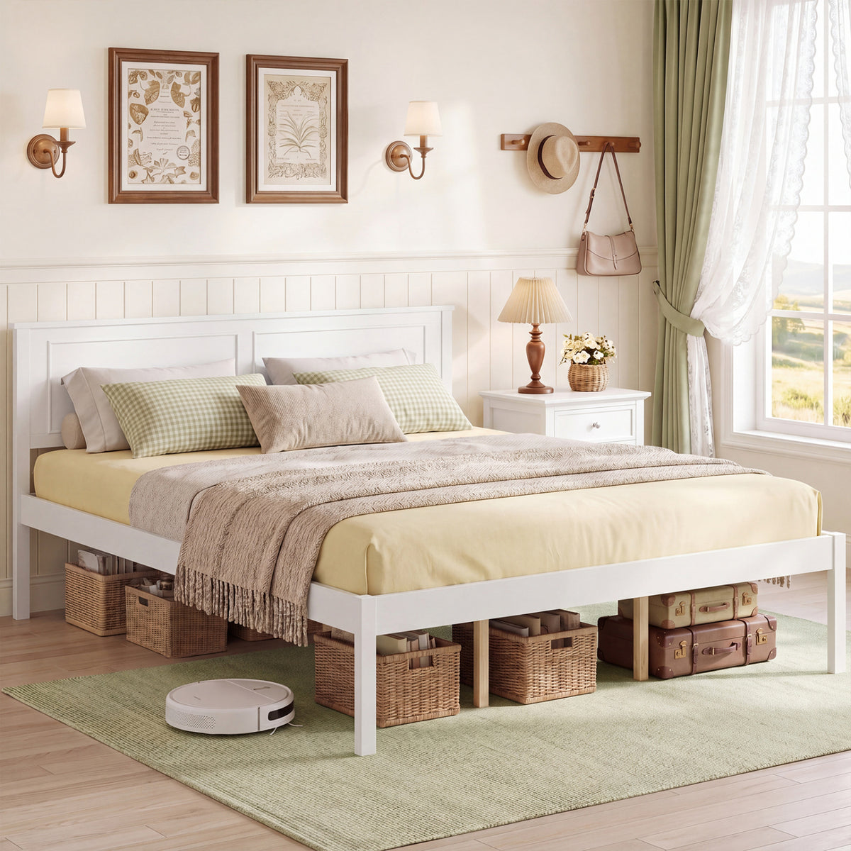 Full/Queen/Twin Size Bed Frame Farmhouse Wooden Platform Bed with Headboard White