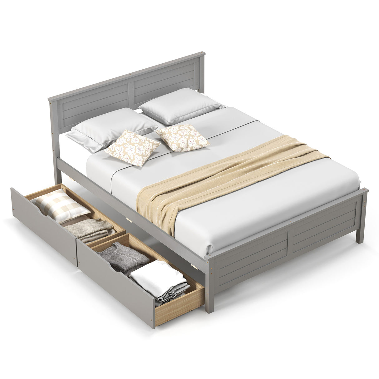 Full Size Bed Frame with Storage Drawers and Solid Wood Headboard
