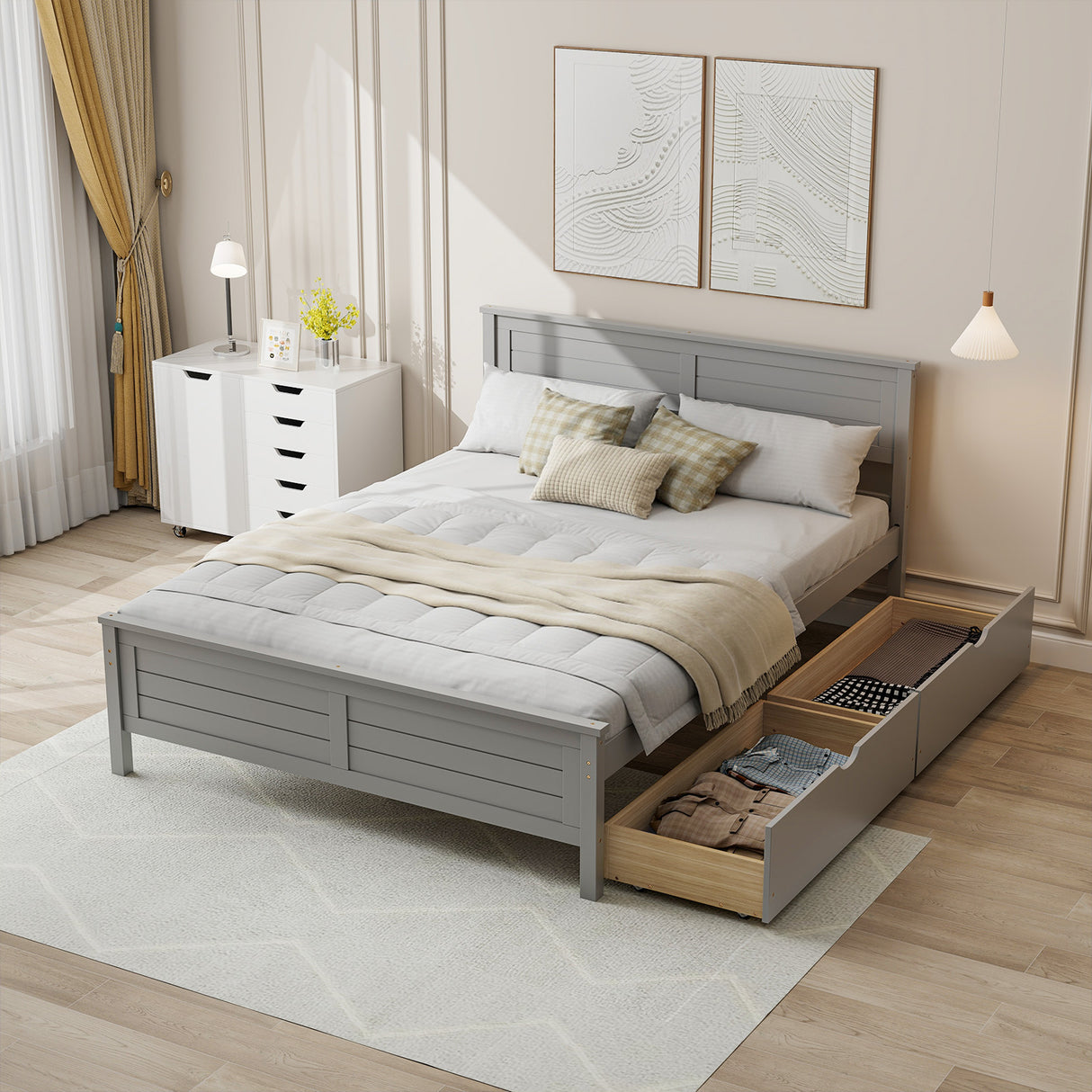 Full Size Bed Frame with Storage Drawers and Solid Wood Headboard