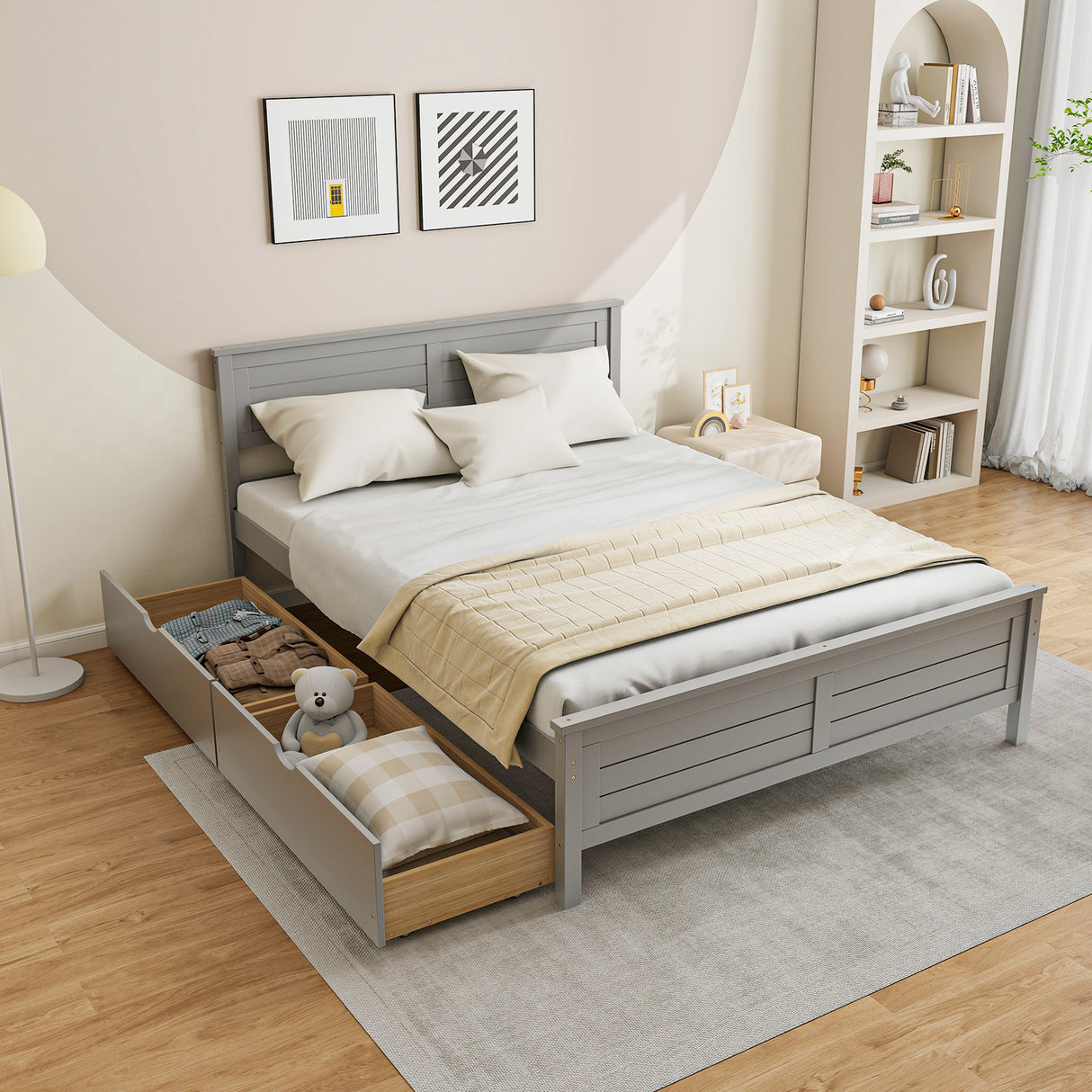 Full Size Bed Frame with Storage Drawers and Solid Wood Headboard