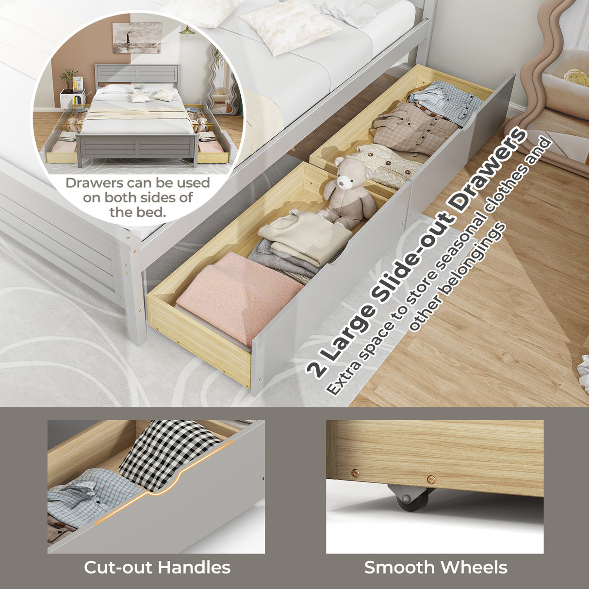 Full Size Bed Frame with Storage Drawers and Solid Wood Headboard