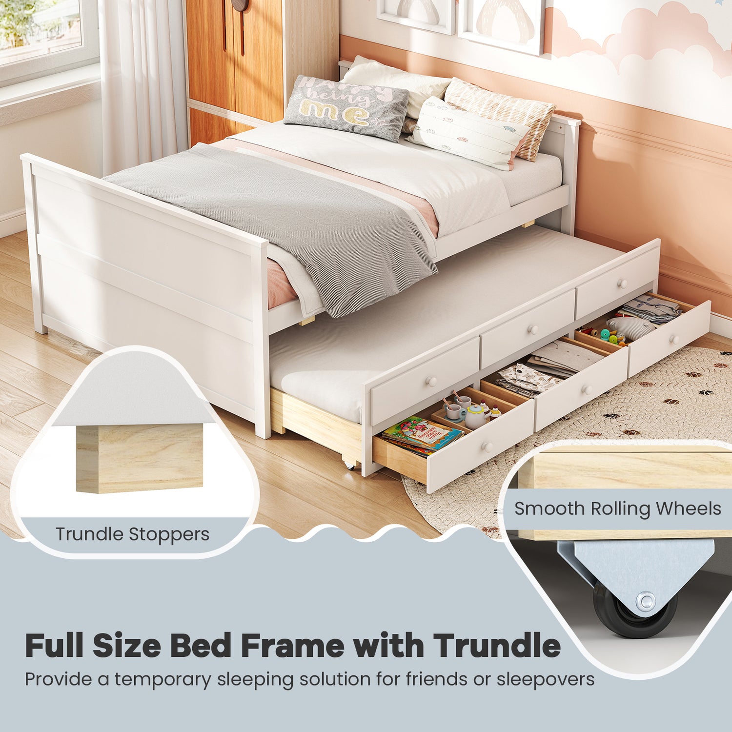 Full Size Bed Frame with Twin Trundle and 3 Storage Drawers for Teens Adults-White