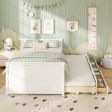 Full Size Bed Frame with Twin Trundle and 3 Storage Drawers for Teens Adults-White