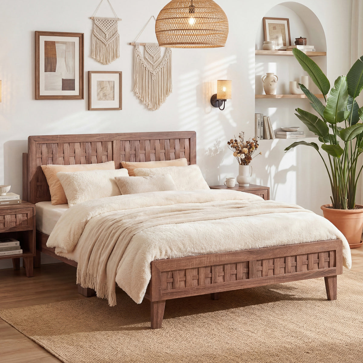 Twin/Full Size Bed Frame Mid Century with Woven Accent Headboard