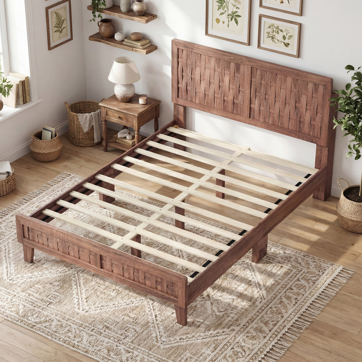Twin/Full Size Bed Frame Mid Century with Woven Accent Headboard
