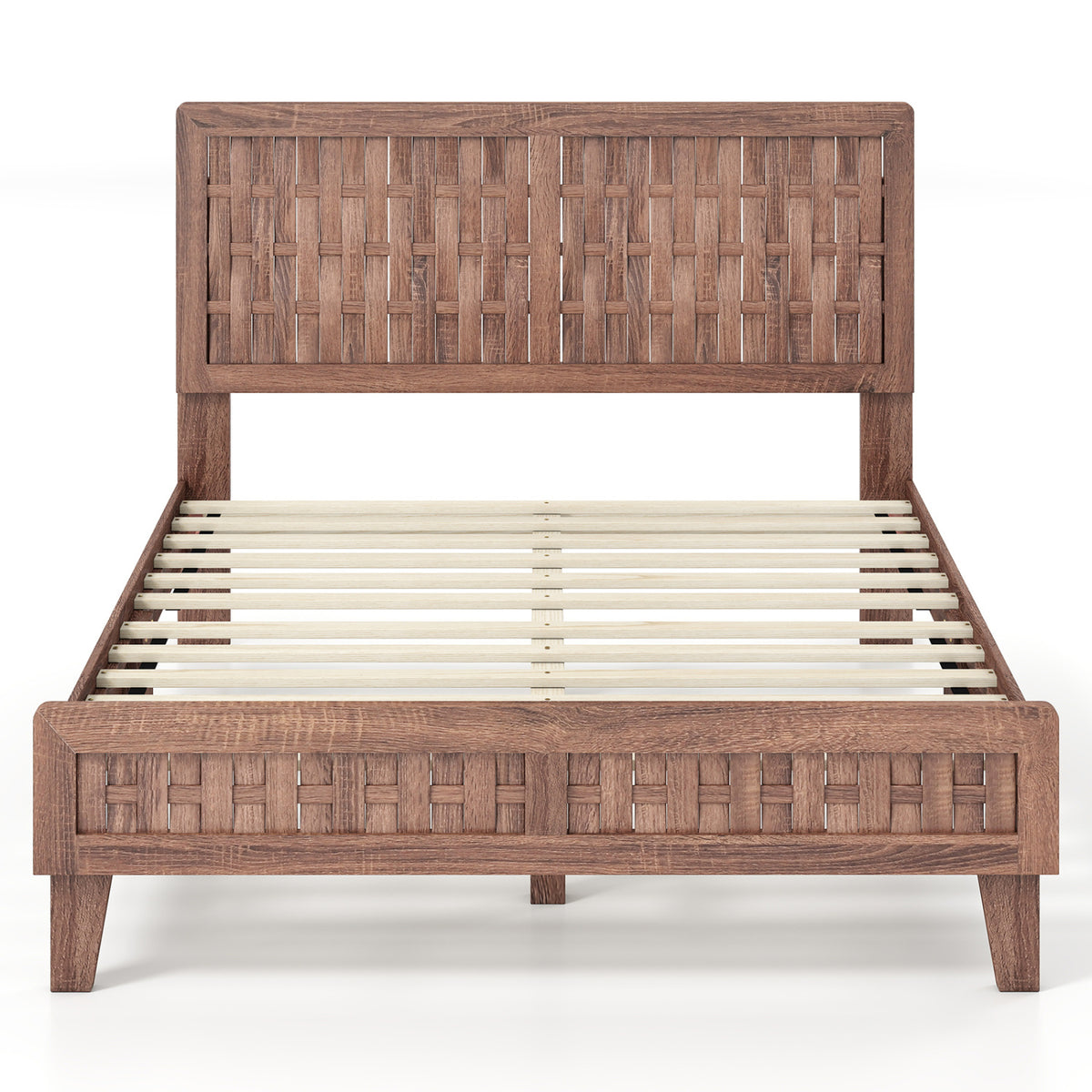 Twin/Full Size Bed Frame Mid Century with Woven Accent Headboard