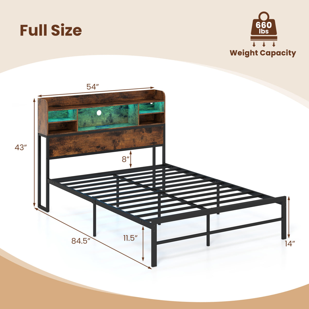 Full Size Bed Frame with Headboard LED Lights and Charging Station-Rustic Brown
