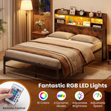 Full Size Bed Frame with Headboard LED Lights and Charging Station-Rustic Brown
