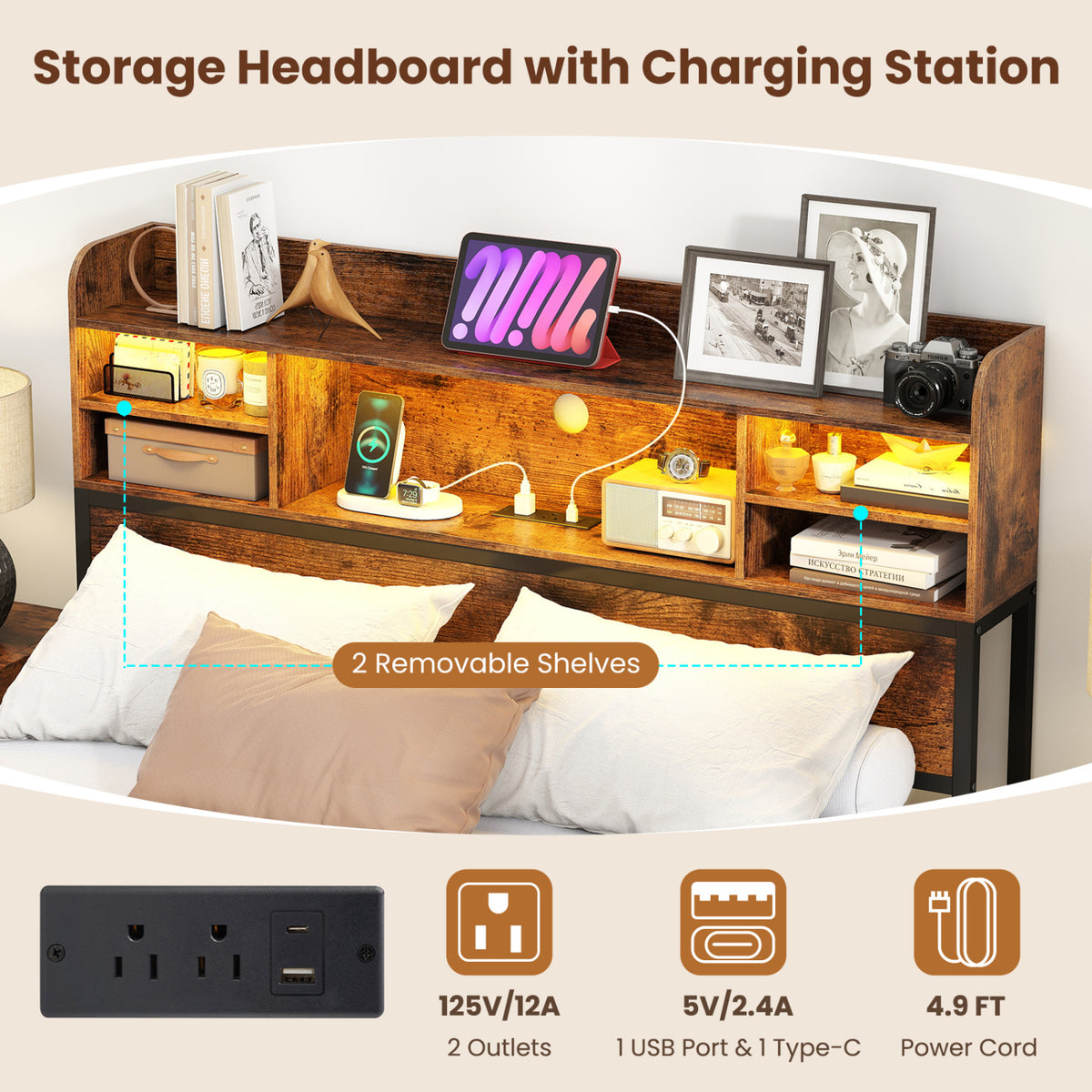 Full Size Bed Frame with Headboard LED Lights and Charging Station-Rustic Brown