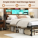 Full Size Bed Frame with Headboard LED Lights and Charging Station-Rustic Brown