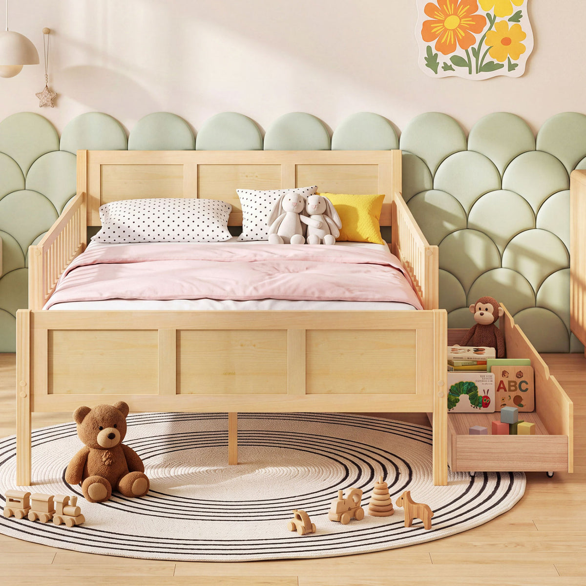 Full/Twin Size Bed Frame with Storage Drawers Natural