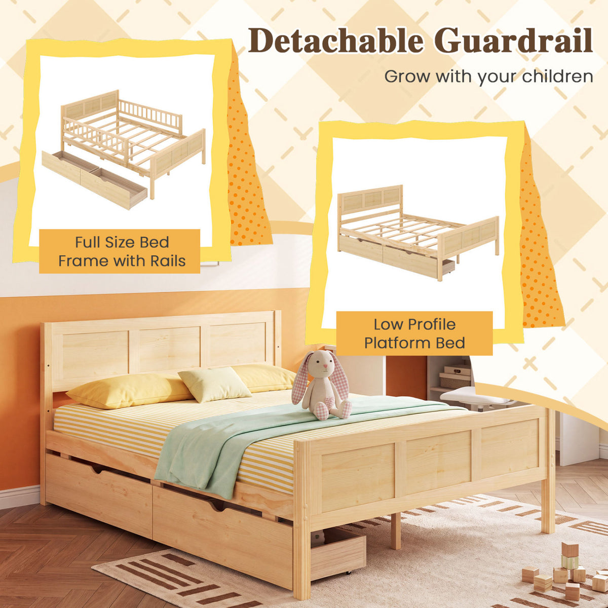 Full/Twin Size Bed Frame with Storage Drawers Natural
