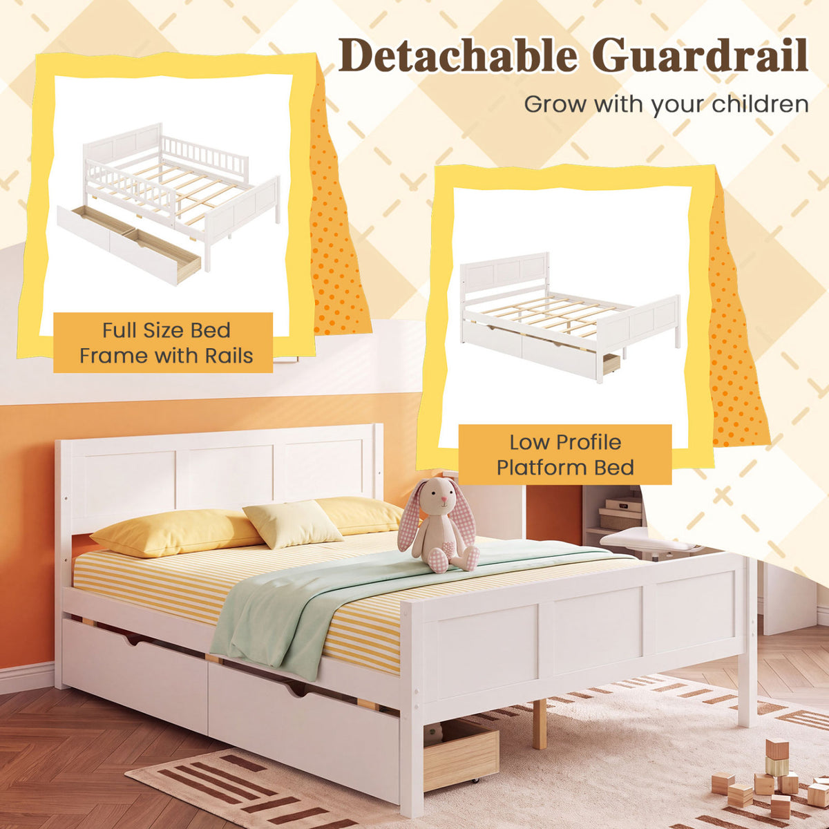 Full/Twin Size Bed Frame with Detachable Guardrails White