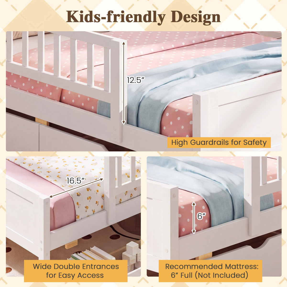 Full/Twin Size Bed Frame with Detachable Guardrails White