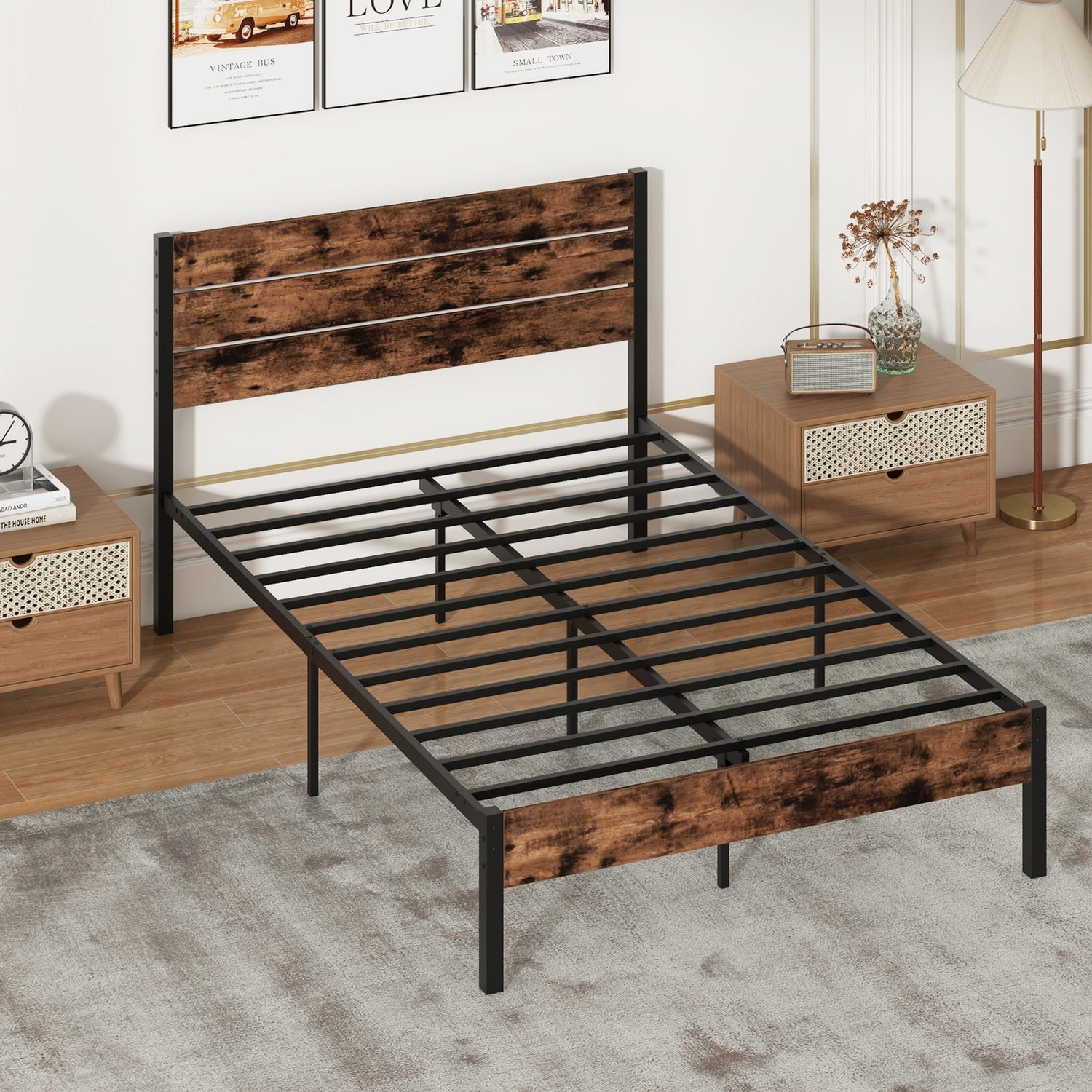 Full/King/Queen/Twin Size Bed Frame with High Headboard and Mute Bar