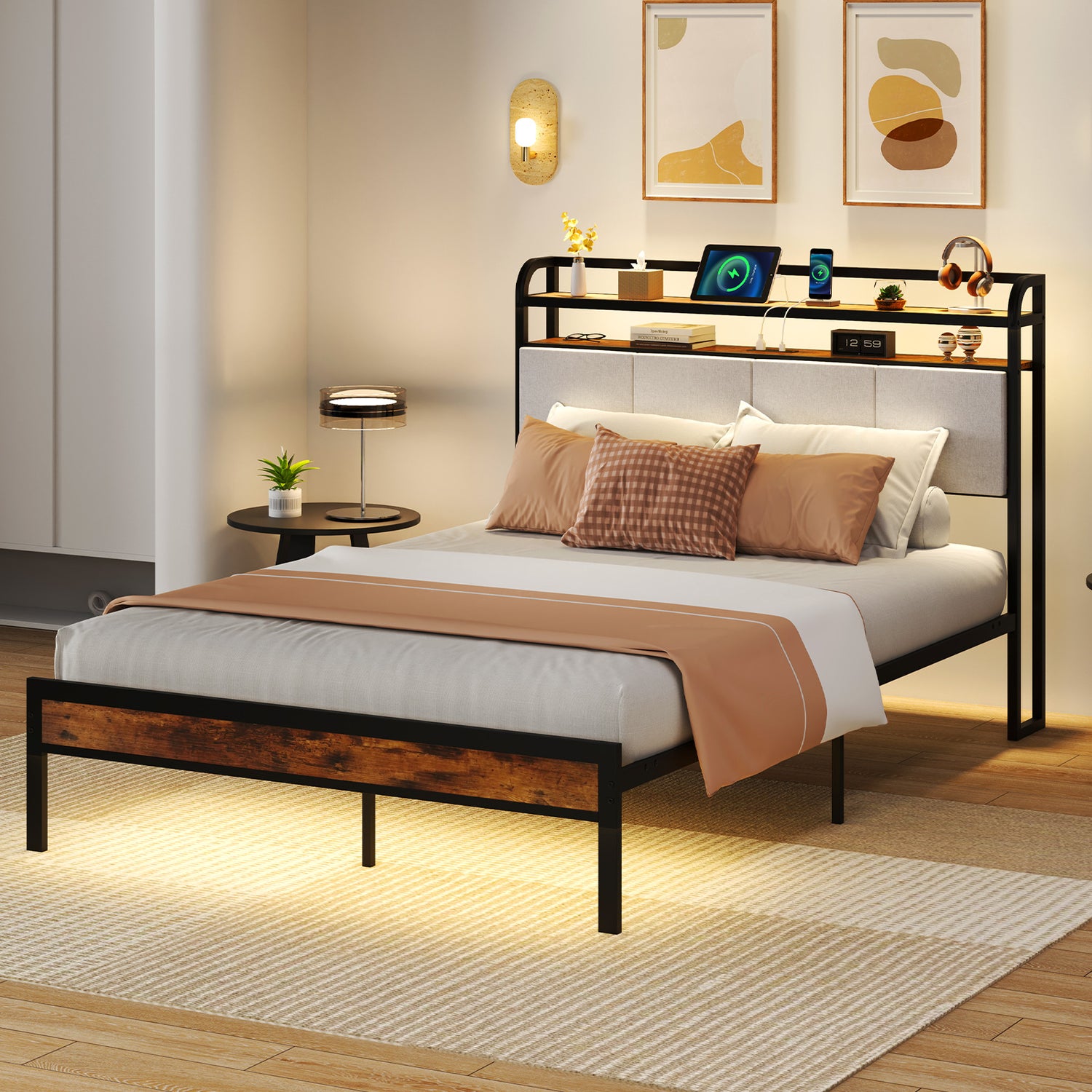 Twin/Full/Queen/King Size Bed Frame with LED Light and Charging Station
