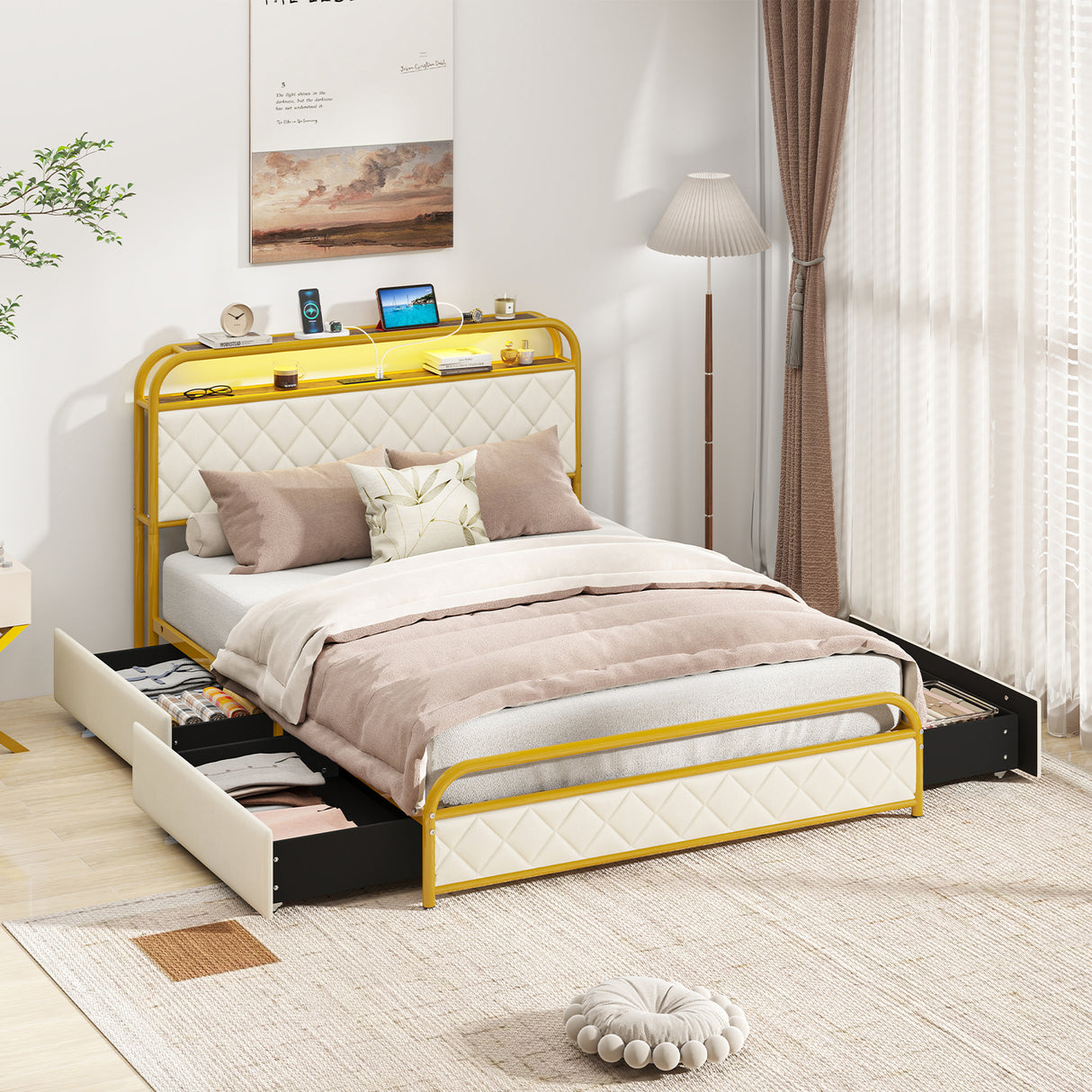 Twin/Full/Queen Size Bed Frame with LED Lights and Charging Station Gold