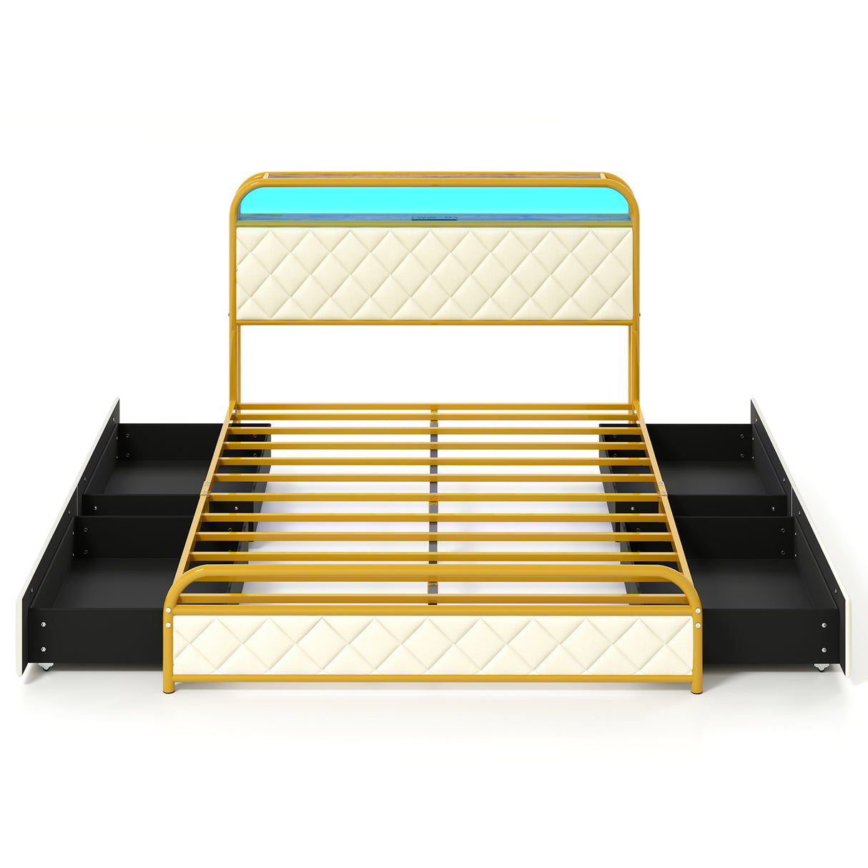 Twin/Full/Queen Size Bed Frame with LED Lights and Charging Station Gold