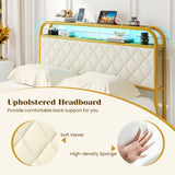 Twin/Full/Queen Size Bed Frame with LED Lights and Charging Station Gold