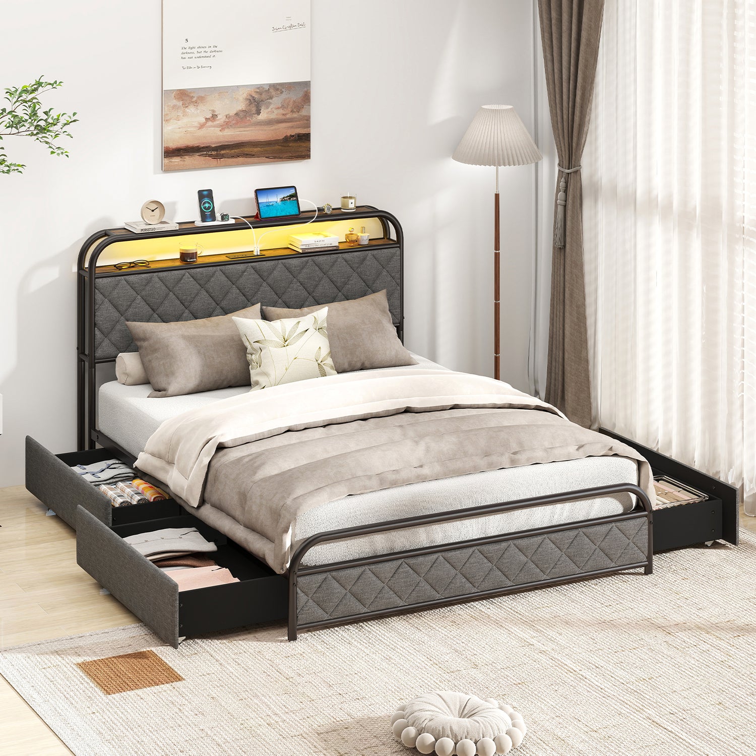 Twin/Full/Queen Size Bed Frame with LED Lights and Charging Station