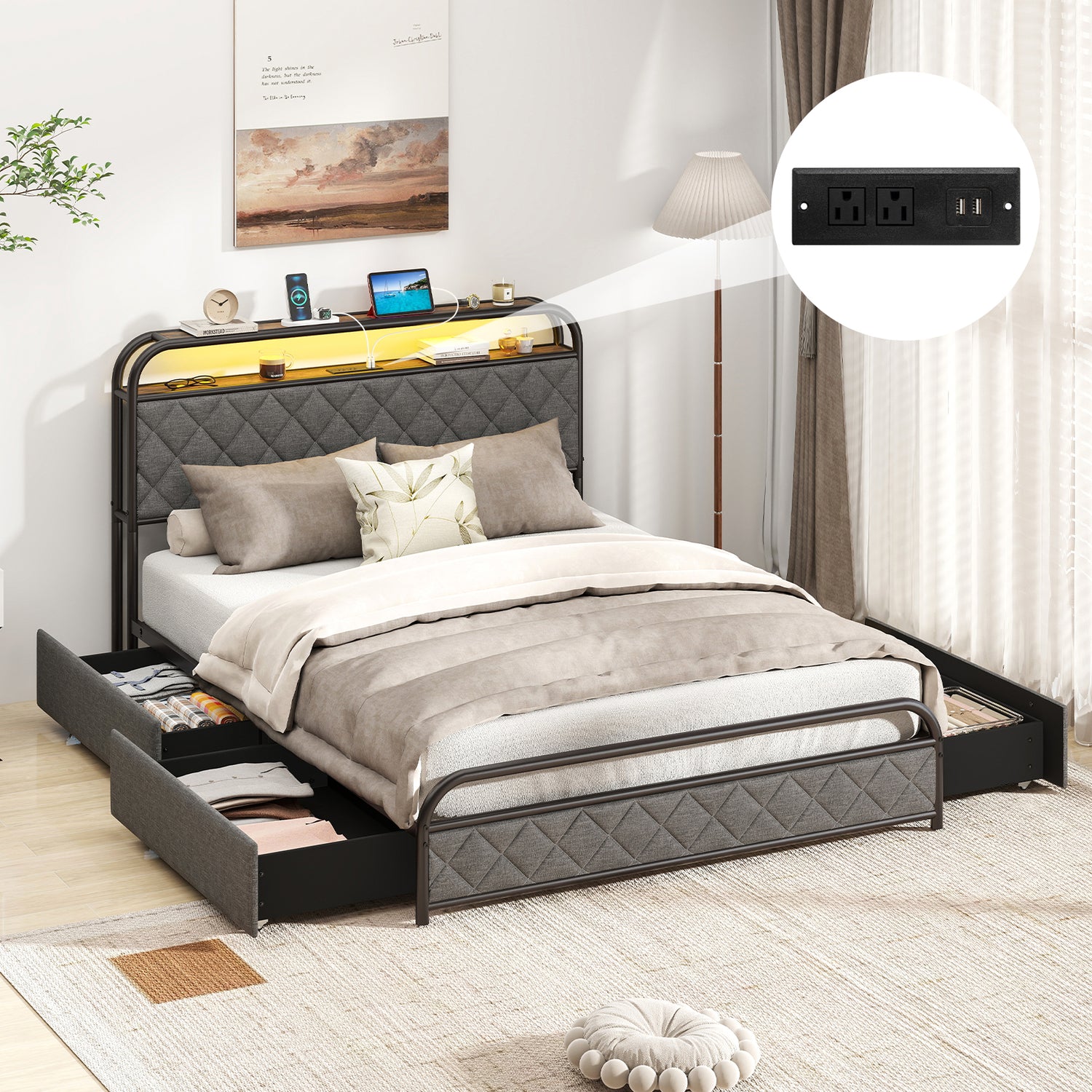 Twin/Full/Queen Size Bed Frame with LED Lights and Charging Station