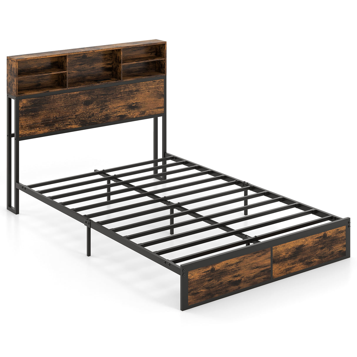 Twin/Full/Queen/King Size Bed Frame with Storage Headboard Industrial Metal Platform Bed