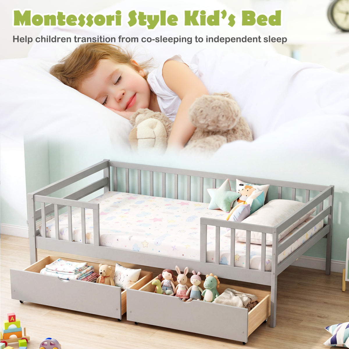Full Size Daybed with Fence and 2 Drawers for Boys and Girls