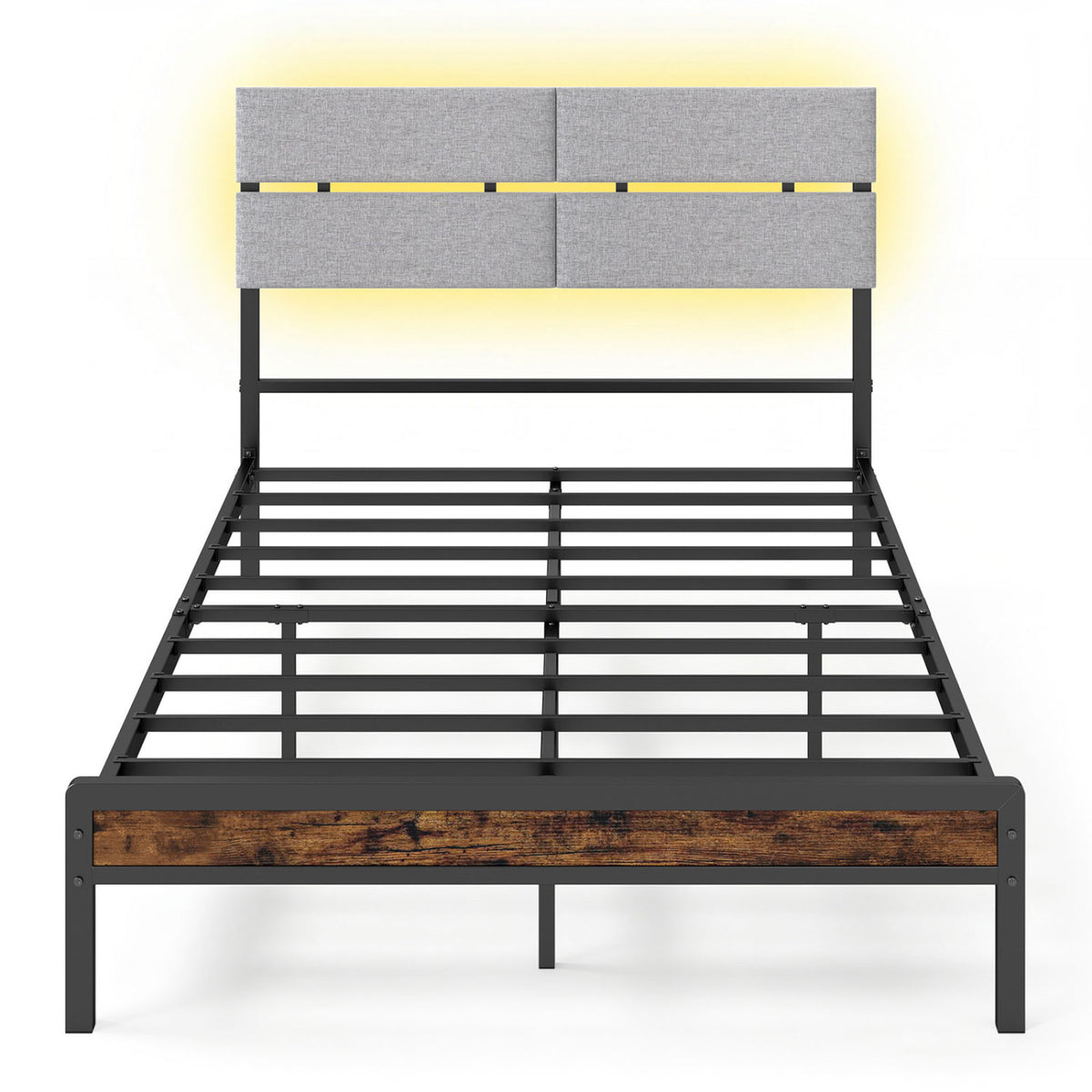 Full Size Metal Bed Frame with LED Lights and Charging Station for Bedroom-Rustic Brown