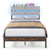 Full Size Metal Bed Frame with LED Lights and Charging Station for Bedroom-Rustic Brown