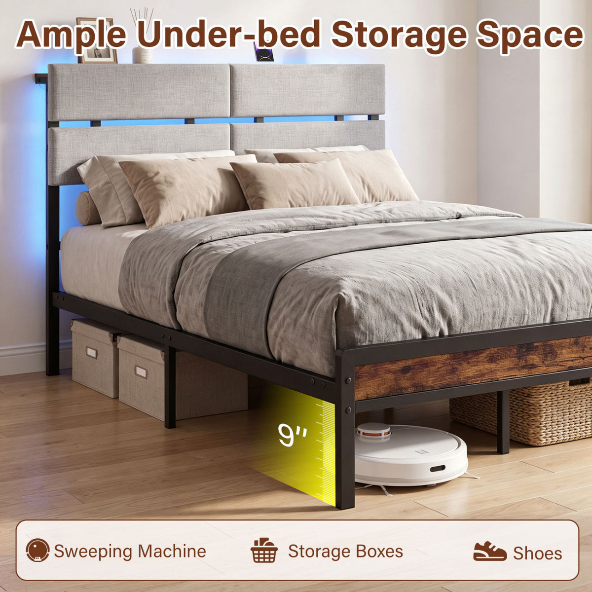 Full Size Metal Bed Frame with LED Lights and Charging Station for Bedroom-Rustic Brown