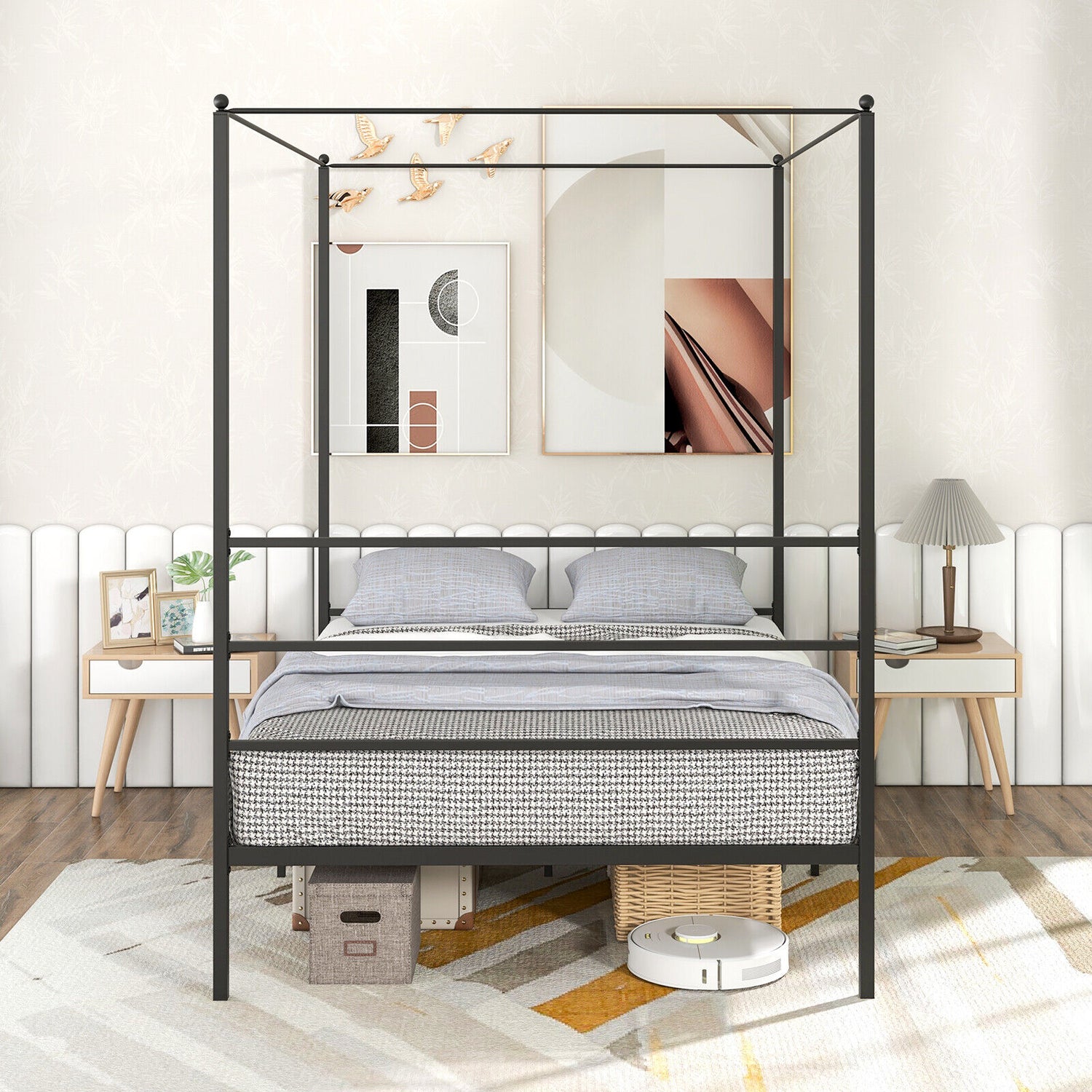 Twin/Full/Queen Size Metal Canopy Bed Frame with Slat Support