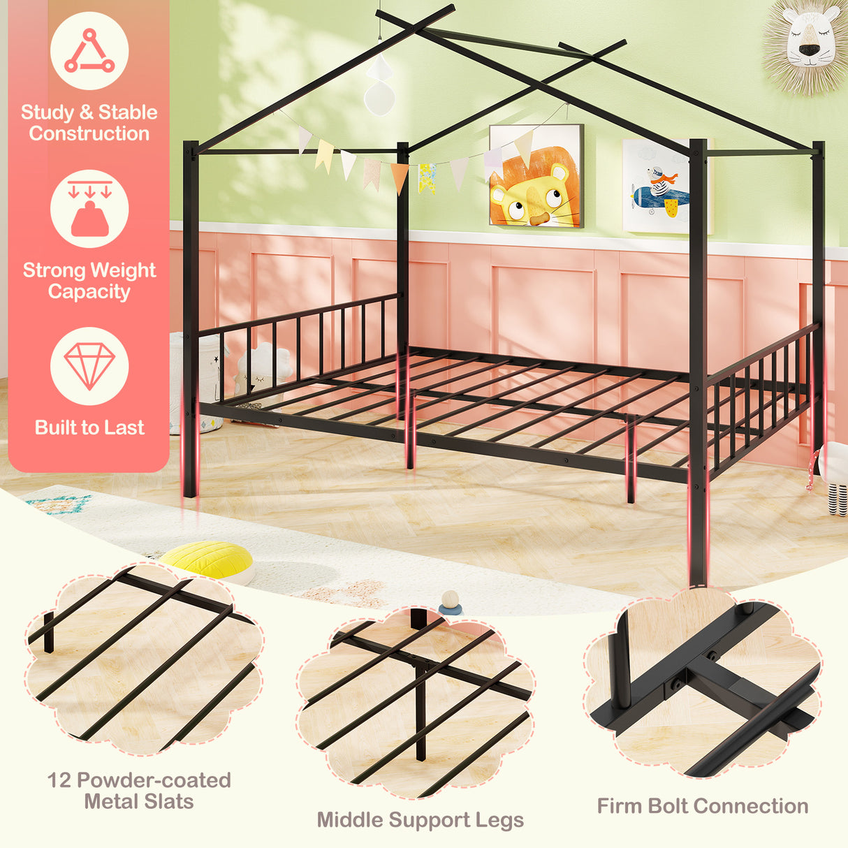 Full Size Metal House Bed with 2 Fabric Drawers for Kids